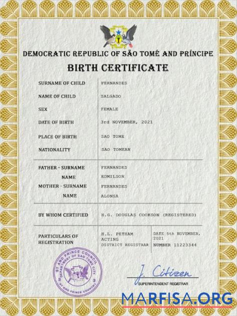 Realistic Sao Tome and Principe vital record birth certificate PSD template